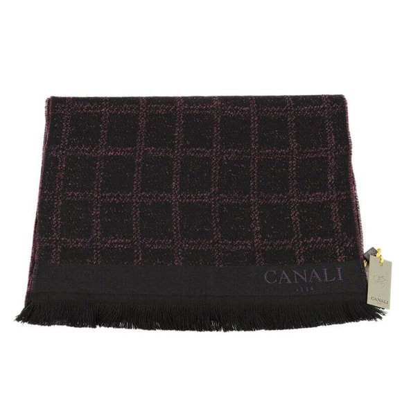 CANALI Men Burgundy Black CHECK Textured Long Wool Blend Fringed Scarf Italy NWT - Picture 1 of 2